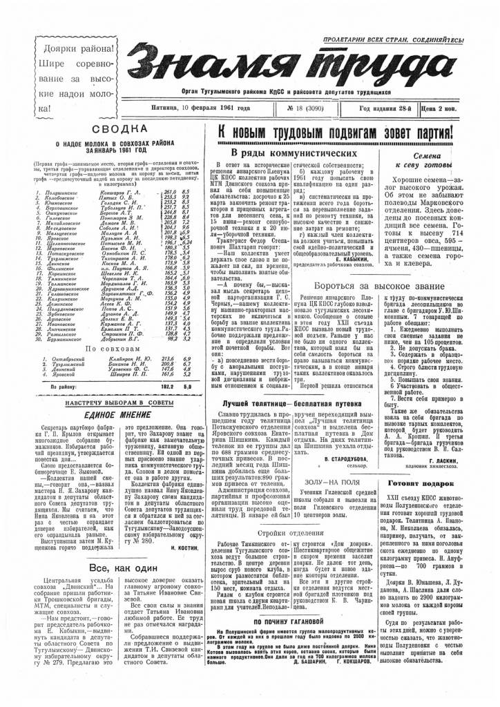 Знамя труда №18 от 10 февраля 1961 года